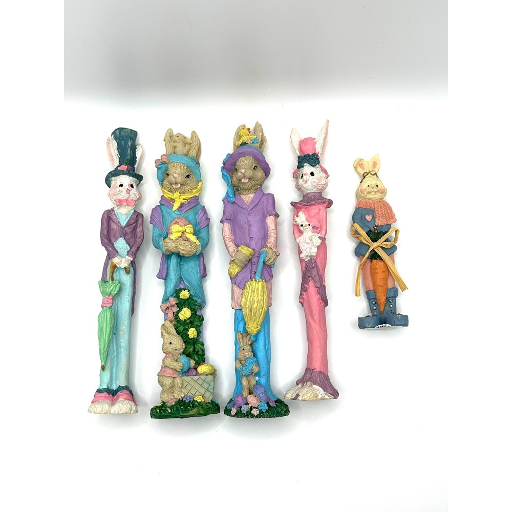 Vintage Style Easter Bunny Figurine Set of 5 Resin Victorian Pastel Decor 7.5in